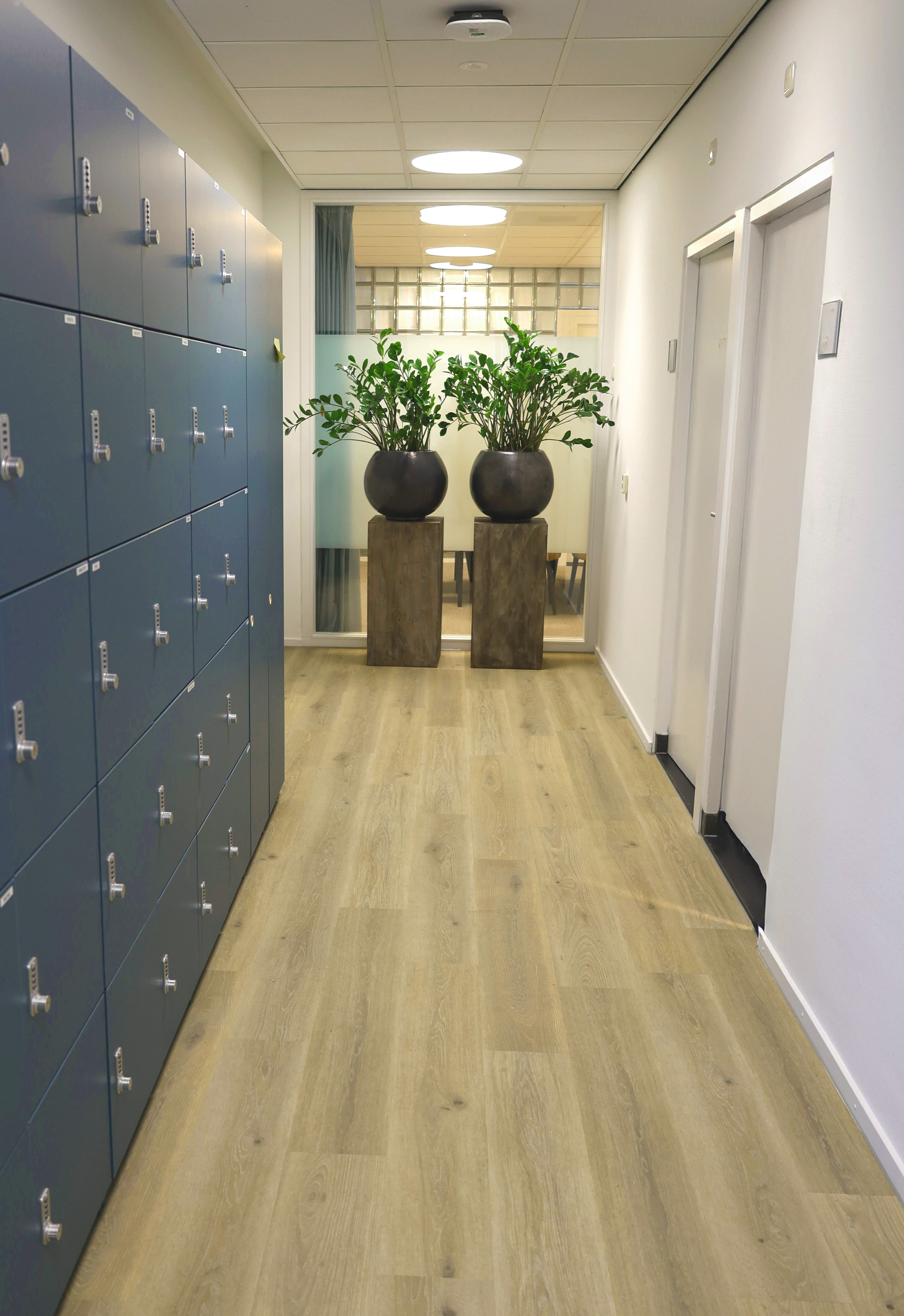 Kluisjesruimte met daarachter 2 grote vazen