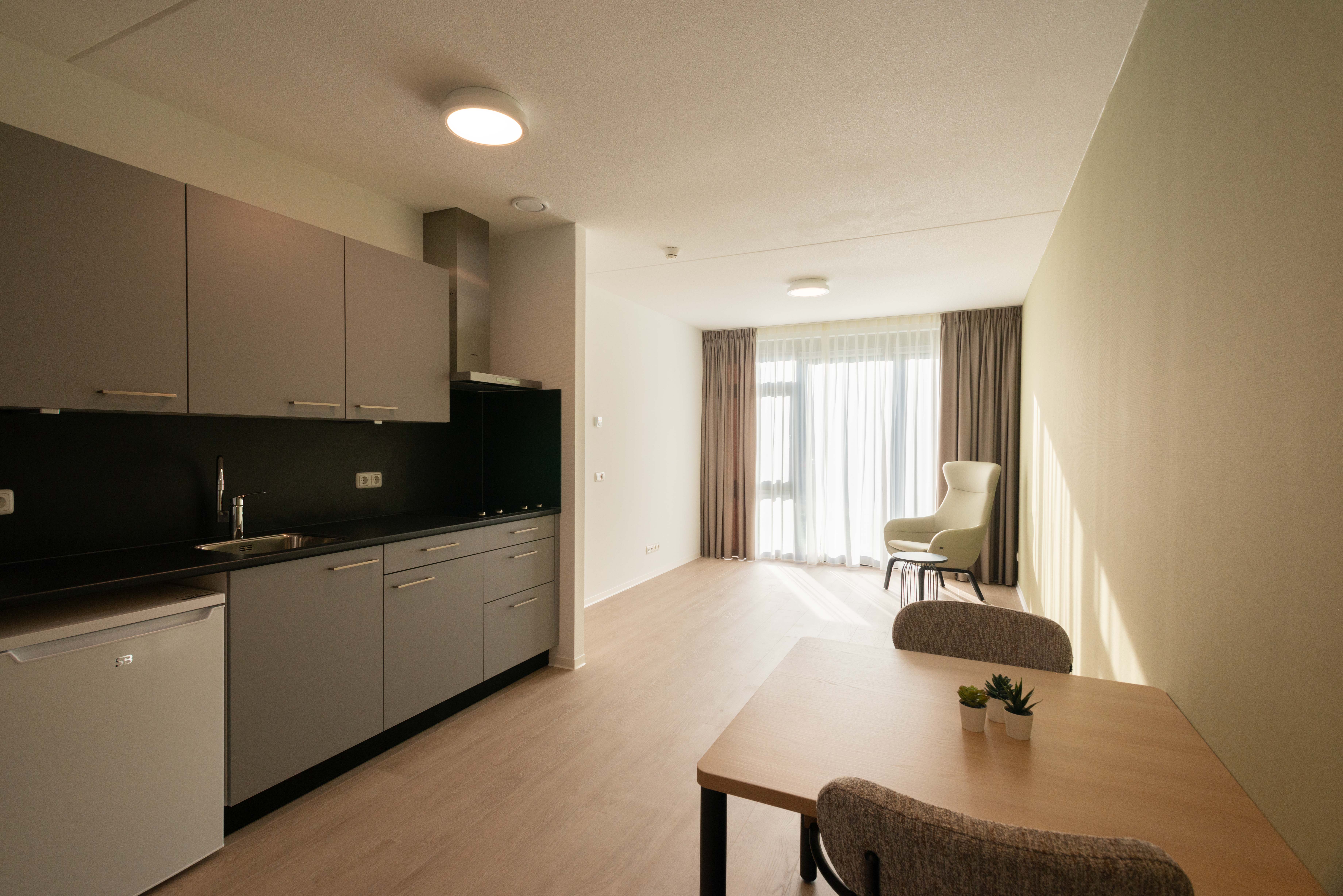 Leefruimte locatie Heuvelstraat Dongen met keukenblok en stoelen